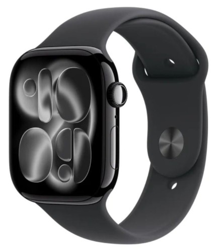 Apple Watch Series 11 GPS koperta 42 mm z aluminium w kolorze onyksu, pasek sportowy w kolorze czarnym - rozmiar S/M