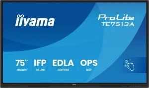 IIYAMA Monitor 75 cali TE7513A-B3AG INFRARED, 40pkt, IPS, 4K, 500cd, 1200:1, WiFi, USB, ANDROID 14, Google EDLA, 2x20W, uchwyt ścienny